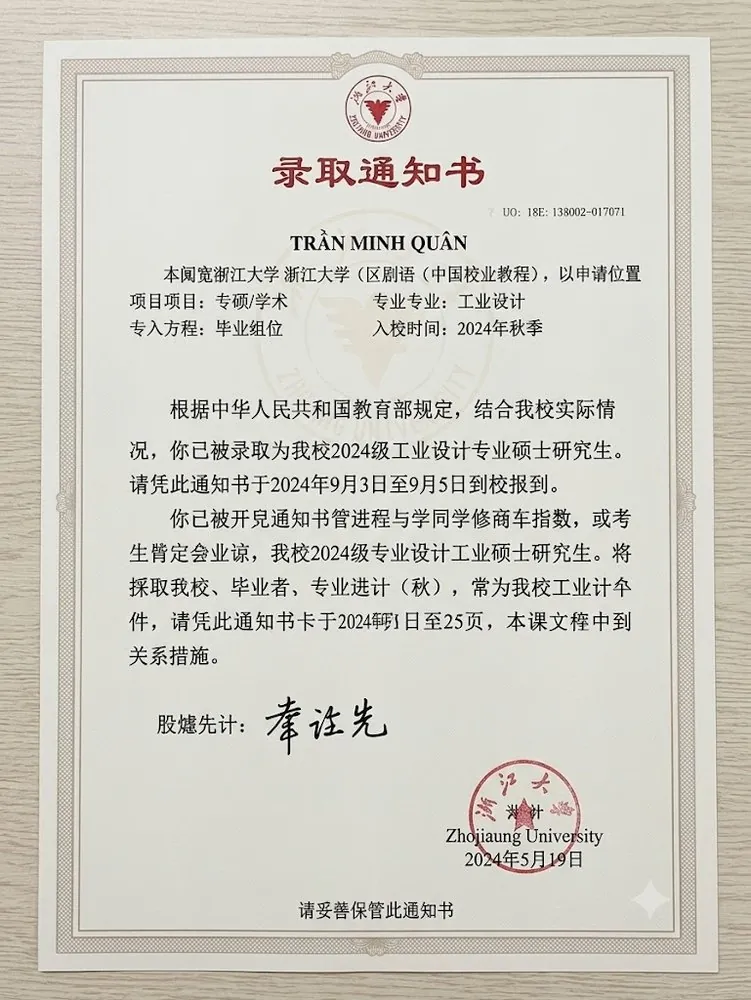 Ảnh minh hoạ giấy báo trúng tuyển Đại học Chiết Giang